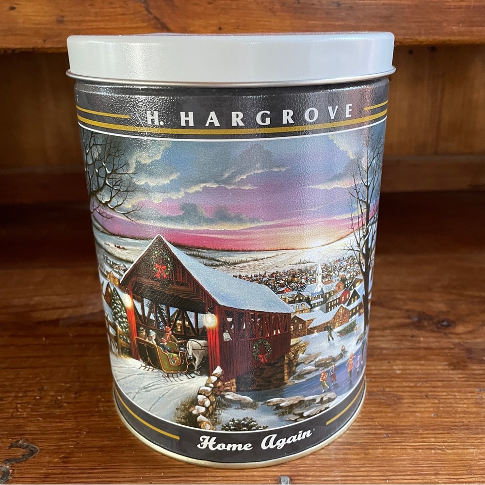 2018 H Hargrove "HOME AGAIN" Winter Scene Collectible Metal Cookie Tin (empty)
